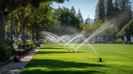 Municipal park lawn being watered by arc-shaped sprinkler spray in daylight