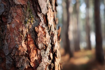 Natural pine forest scene focused on bark texture and light