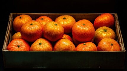 A box filled with bright oranges is placed on a table in a market. The oranges are freshly picked and exhibit a vibrant color. Some oranges have small green leaves attached.