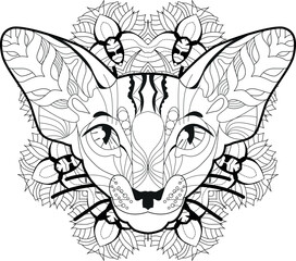 Stylized head of cat on mandala for coloring book. Hand Drawn lace vector illustration