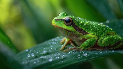 Naklejka premium Natural wildlife portrait: emerald green frog on a leaf in natural light