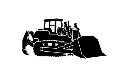 Heavy duty bulldozer silhouette icon. Construction machinery and earthmoving equipment vector illustration. Industrial crawler tractor isolated on white background. © Hafiz