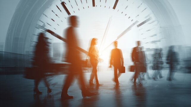 People walking against a clock face