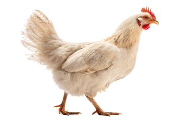 Realistic farm chicken, full body, standing pose, neutral natural position, realistic proportions, clean detailed feathers, soft studio lighting, eye level view, centered composition, isolated on tran