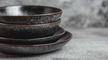 Three black plates stacked on top of each other. The plates are made of ceramic and have a shiny, polished surface. Concept of elegance and sophistication, as the plates are arranged neatly
