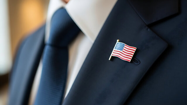 A close-up view of a professional man wearing a suit with a small American flag lapel pin.