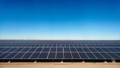 Solar panels in rows under blue sky for renewable energy production