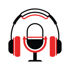 Vector illustration of red and black microphone with headphones on white background