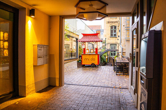 Mobile kiosk Japanese Yatai Mi Do street food cafe. Traditional wooden Japanese Restaurant in Potsdam, Germany - October 26, 2025