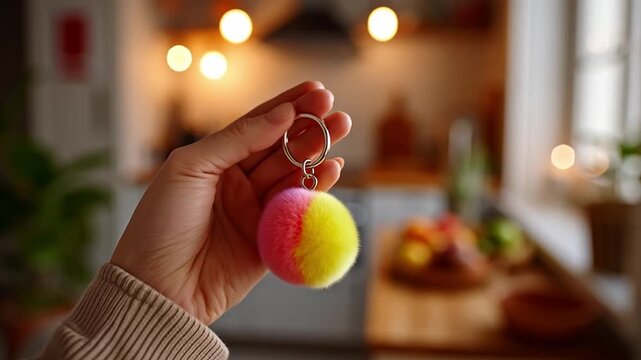 A person holds a fluffy keychain in pink and yellow colors inside a cozy kitchen. The kitchen has warm lighting and blurred background details, creating a friendly atmosphere.