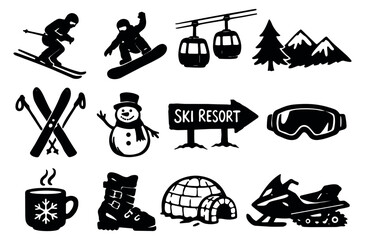 Hand drawn ski resort elements set featuring skiers, snowboarders, a ski lift, and winter gear for a winter vacation