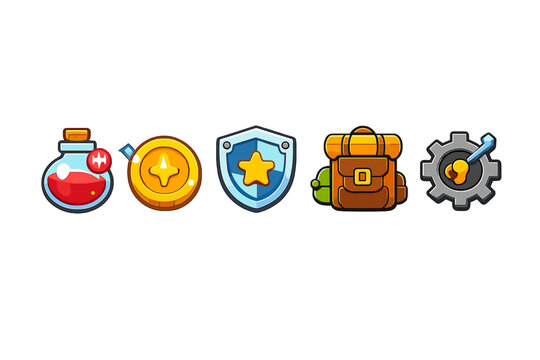 Fantasy Game Icons - Potion, Coin, Shield, Backpack, Gear