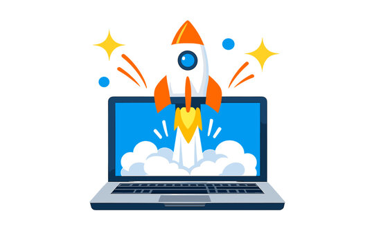 Rocket launching from laptop screen, symbolizing startup or new idea