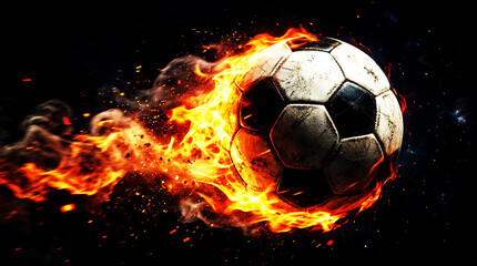 Soccer Ball on Fire Flying Through Dark Space, Flaming Football with Energy and Motion, Extreme Sports Action Concept, Power, Speed and Competition Background