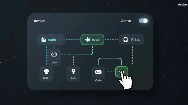 Hand cursor pointing to interactive diagram on dark UI with glowing elements.