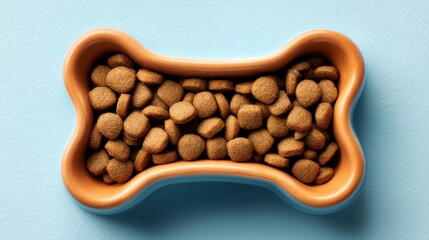 A bone shaped bowl holds dry dog food placed on a blue surface. The bowl is filled with small round and bone shaped pieces prepared for a dog to eat.