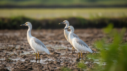 Obraz premium Three elegant white egrets with yellow legs standing in muddy agricultural field at sunrise.