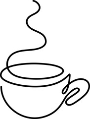 Coffee or tea cup vector logo line art tea drawing with steam rising, illustrating a hot continuous concept, contour beverage style logo