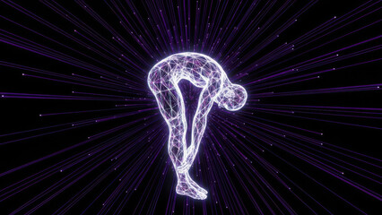 Wireframe human figure bending forward in a yoga pose, surrounded by radiating purple light particles.
