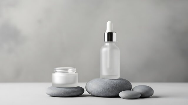 Cosmetic bottle and jar on gray stones, skincare products with droper and cream, natural beauty and wellness concept