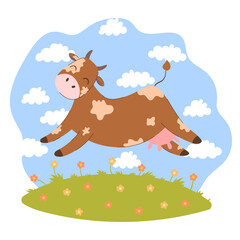 cute cartoon doodle spotted cow joyfully jumping on green meadow with flowers, blue sky, clouds. Suitable for children content, packaging, friendly branding projects