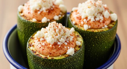 Three stuffed avocados with creamy filling and crumbled cheese.