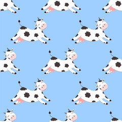 Obraz premium Seamless pattern cute cartoon doodle cow repeated on blue background. Concept of fun farm life and child friendly design. Suitable for kids textiles, packaging, playful branding projects
