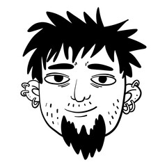 Cartoonish drawing of a man with a beard and earrings. The man is smiling and has a mischievous look on his face
