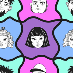Colorful pattern of cartoon faces with one woman in middle. faces are all different in doodle style