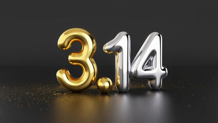 Golden and silver balloons in the shape of 314 on dark surface
