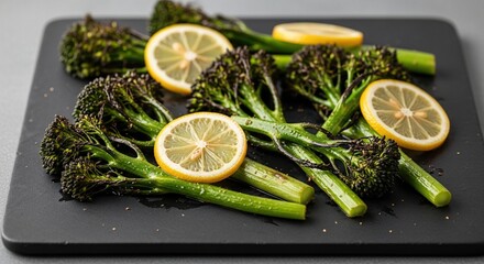 Roasted Broccolini with Lemon Slices on a Dark Platter, Healthy Side Dish.