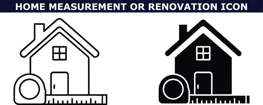 A home renovation icon set featuring a house and tape measure for measurement and construction purposes