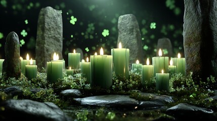Enchanted forest scene with glowing candles and ancient stone pillars