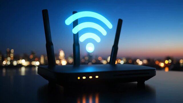 A wireless router with a glowing blue Wi-Fi signal at dusk overlooking a blurred cityscape.