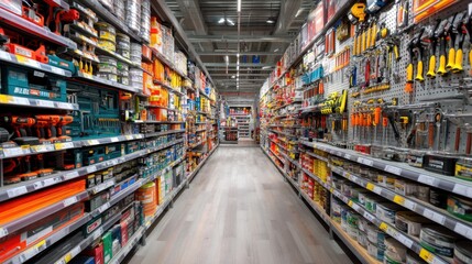 Fototapeta premium Large store with many tools and supplies. The store is very large and has many aisles