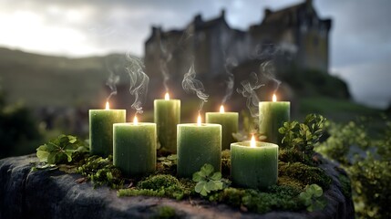 Illuminated green candles stand before a distant historic castle silhouette