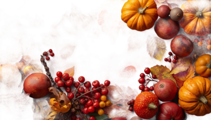 A vibrant arrangement of pumpkins, apples, and berries in autumnal colors against a dark background.