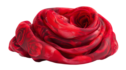 Red silk scarf arranged in floral shape isolated on transparent background with beautiful rose pattern that represents luxury and elegance fashion style