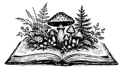 Hand drawn line art illustration of an open book with mushrooms and forest plants depicting an enchanted garden for nature and fantasy themes