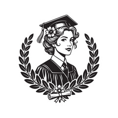 Female graduate silhouette portrait with floral laurel wreath. Vector black and white illustration of university student in mortarboard cap and gown. Education logo design or academic achievement symb