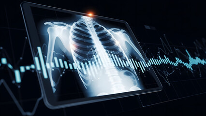 Medical Tablet Displaying Human Chest X-ray with Advanced Data Analytics and Graphs