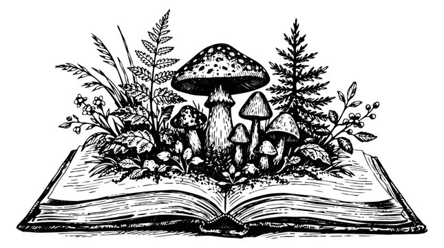 Hand drawn line art illustration of an open book with mushrooms and forest plants depicting an enchanted garden for nature and fantasy themes