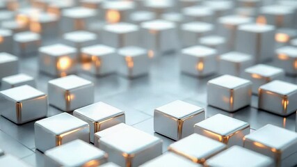 Metallic silver cubes arranged in a grid with an illuminated golden core, symbolizing digital expansion, technology growth, and abstract network connections in a futuristic environment - Powered by Adobe