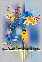 abstract composition with colorful flowers and a figure