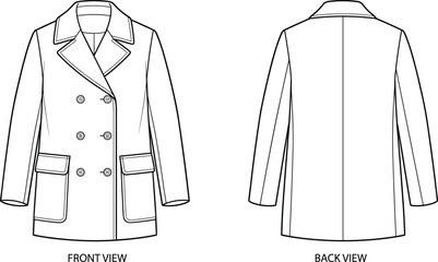 Double-breasted coat sketch, technical garment drawing, front and back view, notched lapel, flap pockets, center seam, flat vector illustration