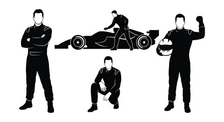 Silhouette depictions of race car drivers and a formula one vehicle © nurjahan