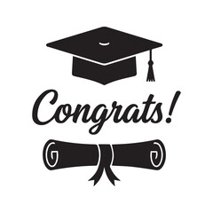 Congrats graduation cap and diploma silhouette. Vector illustration of mortarboard hat with tassel and certificate scroll. Academic achievement symbol with typography text for celebration design.
