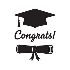 Congrats graduation cap and diploma silhouette. Vector illustration of mortarboard hat with tassel and certificate scroll. Academic achievement symbol with typography text for celebration design.
