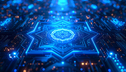 Futuristic neon blue circuit board with glowing star-shaped pattern and intricate designs
