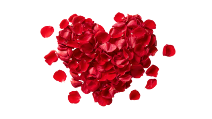 Romantic scattered valentine background of red rose petals in heart shape isolated on transparent, romantic love for happy mothers day and wedding celebration